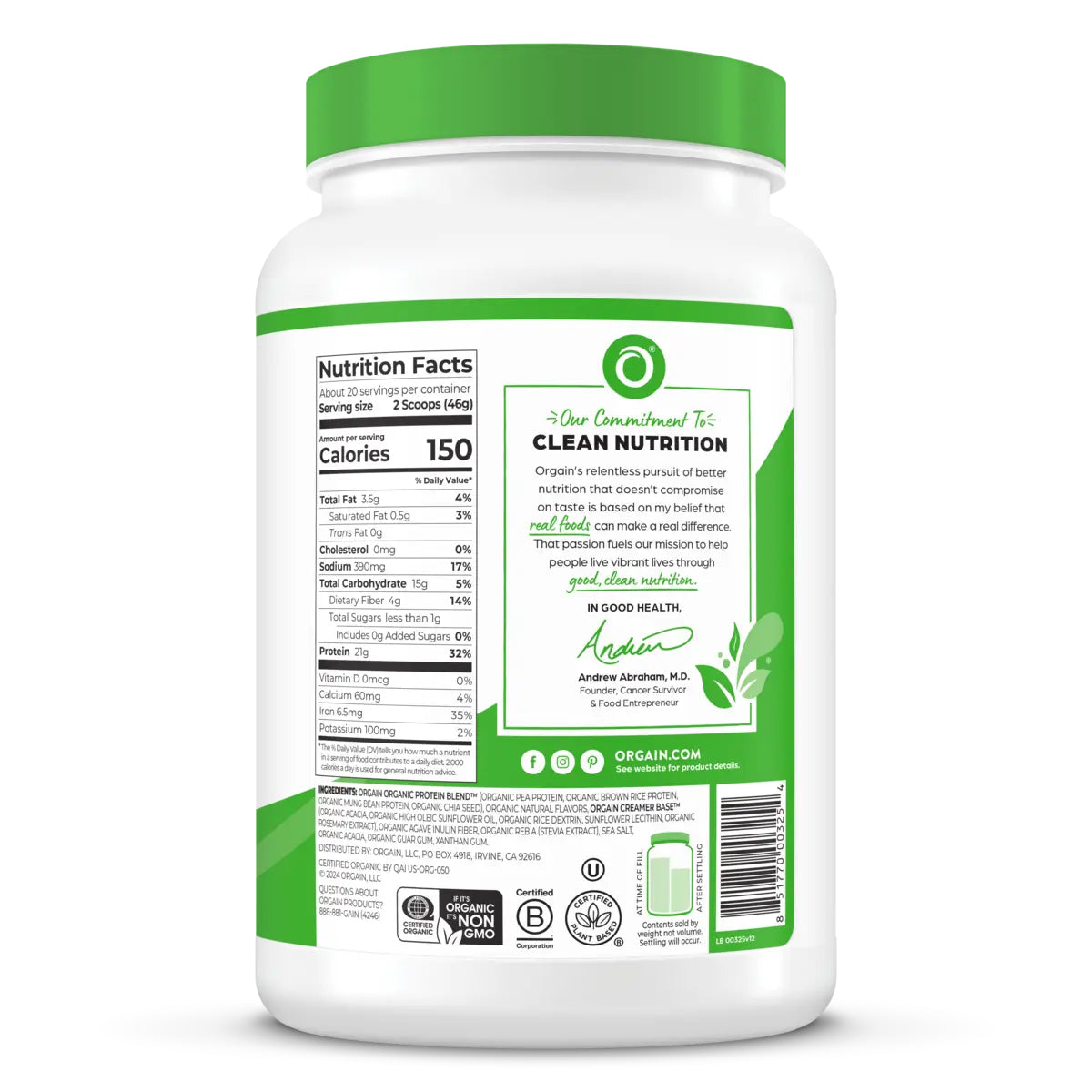 Organic Plant-Based Protein Powder – Vanilla Bean | Vegan, Gluten-Free, Non-GMO